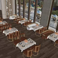 Bright Restaurant Interior With Neatly Arranged Dining Tables Chairs And Flower Vases