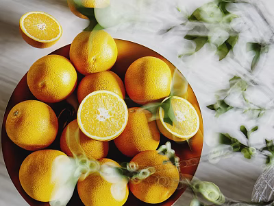 Fresh Ripe Oranges In A Bowl With Whole And Sliced Pieces And Green Leaves 3d model