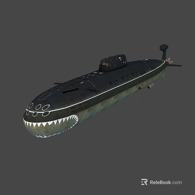 Shark Themed Submarine With Black Green Hull And Sharp Teeth Design 3d model 