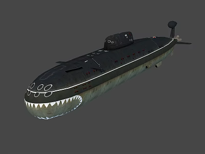 Shark Themed Submarine With Black Green Hull And Sharp Teeth Design 3d model