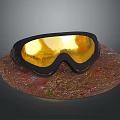 Black Frame Goggles With Gold Reflective Lenses On Colored Spot Base