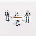 Game And Movie Character With White Purple Armor Holding Green Spear In Three Angles Sci Fi Design