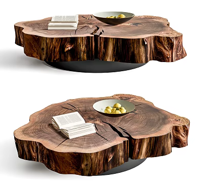 Natural Tree Stump Coffee Table With Wood Grain Texture Stack of Books and Fruit Bowl 3d model
