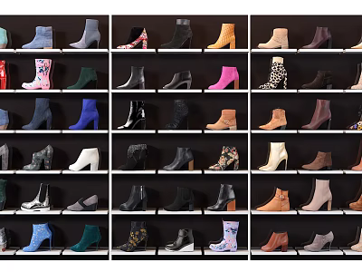 Retail Shoe Display Shelves With Various Stylish Footwear Arranged Neatly 3d model