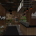 Modern Restaurant Interior with Wooden Brick Walls Dining Tables and Pendant Lights