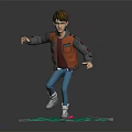 Boy In Brown Jacket Riding Green Creature Skateboard With Blue Jeans