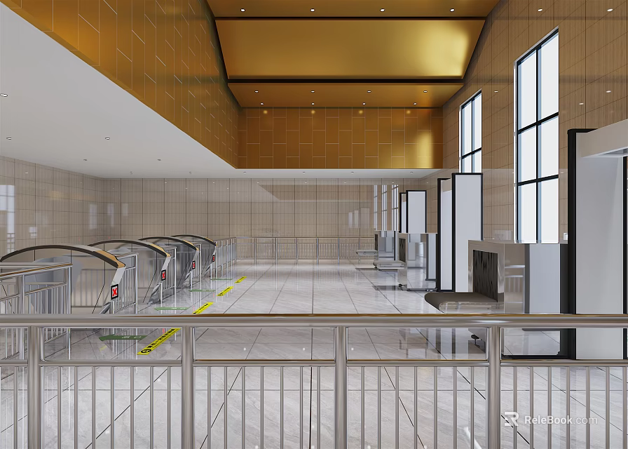 Modern Station Interior Spacious With Marble Floor Metal Railings Escalators And Large Windows 3d model 
