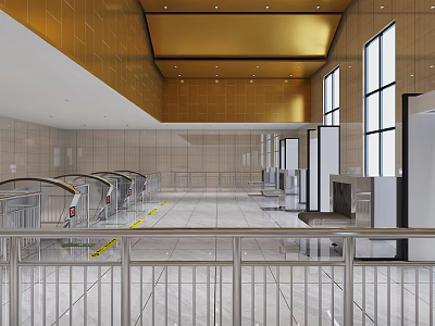 Modern Station Interior Spacious With Marble Floor Metal Railings Escalators And Large Windows 3d model