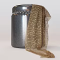 Black Leather Stool Featuring Round Top Riveted Details and Golden Scarf 3d model