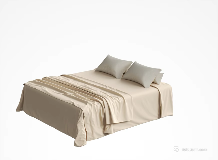 Beige Double Bed with Soft Bed Sheets and Two Comfortable Pillows in Modern Style 3d model 