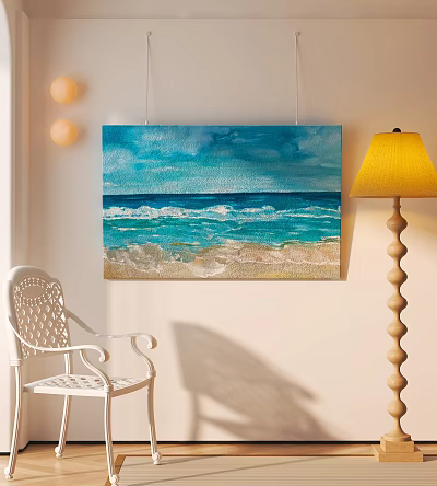 Seascape Landscape Painting with Blue Sky Clouds Ocean Waves and Sandy Beach Interior Wall Art 3d model