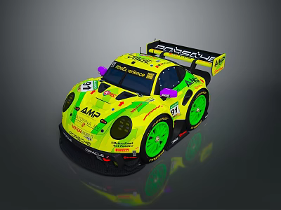 Porsche Racing Car Yellow Exterior With Green Wheels Rear Wing And Sponsor Logos 3d model