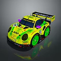 Porsche Racing Car Yellow Exterior With Green Wheels Rear Wing And Sponsor Logos