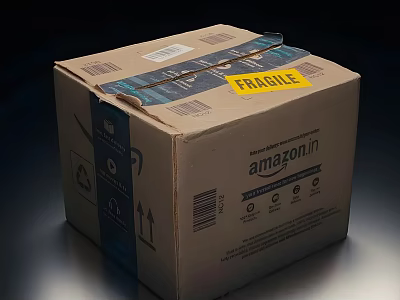 Amazon Cardboard Package With Fragile Label Recycling Symbols And Upward Arrows 3d model