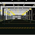 Fire Truck Garage With Red Walls Number Signs Green Floor Lockers Long Ceiling Lights