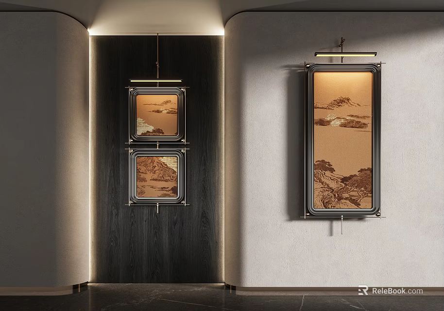 Modern Interior With Two Landscape Paintings Hanging On Black Wooden And White Walls 3d model 