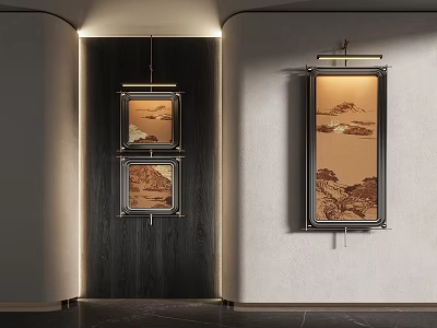Modern Interior With Two Landscape Paintings Hanging On Black Wooden And White Walls 3d model