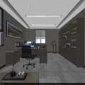 Modern Office Interior Design With Wooden Desk Computer Bookshelf And Window 3d model