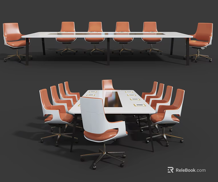 Modern Conference Table With Orange And White Ergonomic Chairs For Office Meeting Room 3d model 