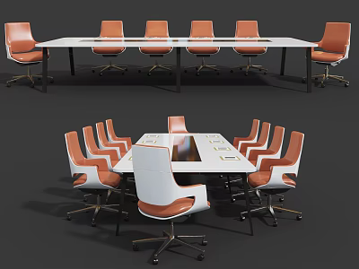 Modern Conference Table With Orange And White Ergonomic Chairs For Office Meeting Room 3d model