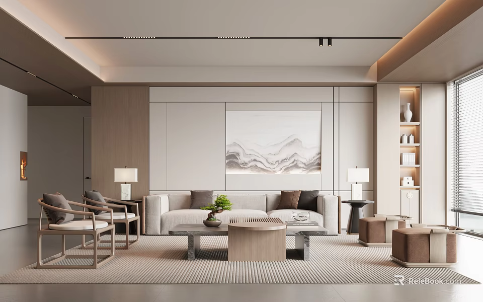 Modern Living Room Interior Design With Beige Sofa Coffee Table Decorative Painting And Area Rug 3d model 