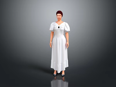 White Long Dress With Puffed Sleeves And Ruched Waist For Elegant Feminine Look 3d model