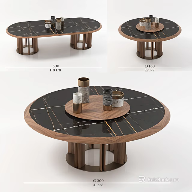 Round Black Marble Dining Table With Wooden Edge Legs And Circular Tray Metal Containers 3d model 
