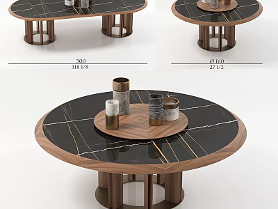 Round Black Marble Dining Table With Wooden Edge Legs And Circular Tray Metal Containers 3d model