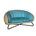 Modern Blue Two Seater Sofa With Woven Beige Armrests And Black Cross Metal Legs