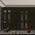 Green Wardrobe with Glass Doors in Room Featuring Black and White Checkered Rug and Decor