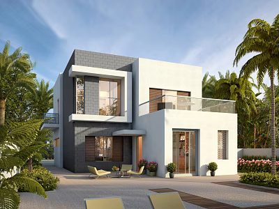 Modern Detached Villa Exterior Featuring Glass Railing Balcony And Lush Greenery Courtyard 3d model