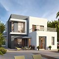 Modern Detached Villa Exterior Featuring Glass Railing Balcony And Lush Greenery Courtyard