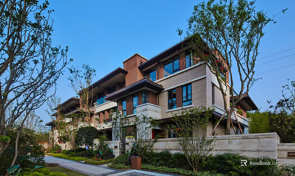 Elegant Townhouse Exterior With Brown Beige Walls Windows Green Trees Stone Pathway And Garden Wall 3d model 