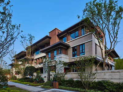 Elegant Townhouse Exterior With Brown Beige Walls Windows Green Trees Stone Pathway And Garden Wall 3d model