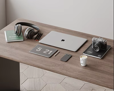 Silver Apple MacBook Laptop on Wooden Desk with Headphones Notebook Pencils Mouse Pad and Camera 3d model