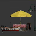 Outdoor Dining Space With Yellow Umbrella Street Lamp Small Boat And Checkered Tablecloth