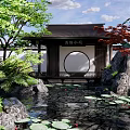 Traditional Chinese Garden Pavilion with Round Moon Gate Lush Greenery Rockery and Pond