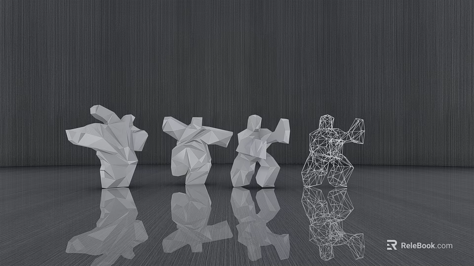 Abstract Geometric Sculptures with Human-like Forms and Wireframe Design on Reflective Dark Floor 3d model 
