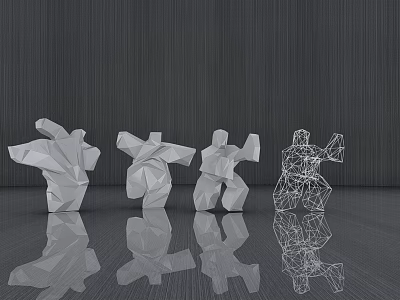 Abstract Geometric Sculptures with Human-like Forms and Wireframe Design on Reflective Dark Floor 3d model