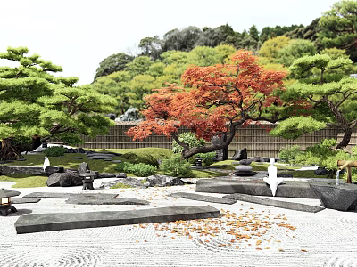 Japanese Garden With Green Pine Trees Red Maple Stone Lanterns And Zen Gravel Pathways 3d model