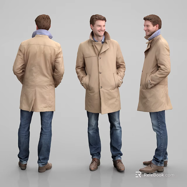 Man Wearing Khaki Trench Coat And Jeans From Different Angles 3d model