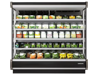 Upright Glass Door Refrigerator Filled With Various Packaged Foods And Fresh Produce 3d model