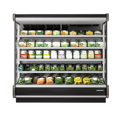 Upright Glass Door Refrigerator Filled With Various Packaged Foods And Fresh Produce 3d model