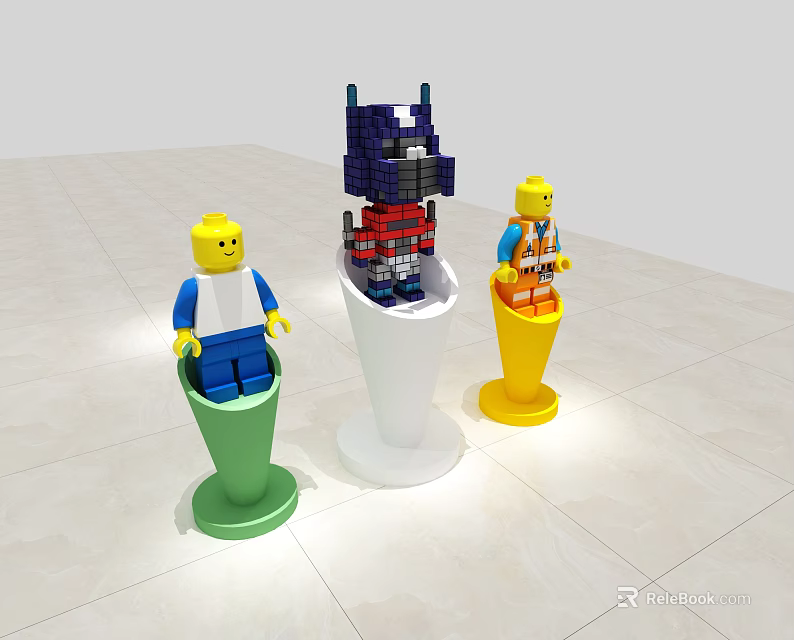 Colorful Display Shelves Showcasing Lego Figures and Robot with Green White Yellow Stands 3d model 