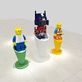 Colorful Display Shelves Showcasing Lego Figures and Robot with Green White Yellow Stands