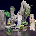 Traditional Chinese Garden Scene With Ancient Costume Lady Rockery And Lotus Plants