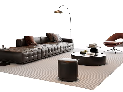 Modern Black Leather Sofa and Coffee Table Set With Accent Chair Floor Lamp Wavy Rug 3d model