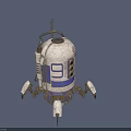 Worn White Blue Mechanical Robot With Circular Sensors Red Scratches And Legs