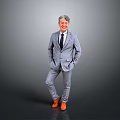 Man in Gray Suit With Tie Standing Hands in Pockets Orange Shoes