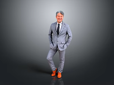 Man in Gray Suit With Tie Standing Hands in Pockets Orange Shoes 3d model